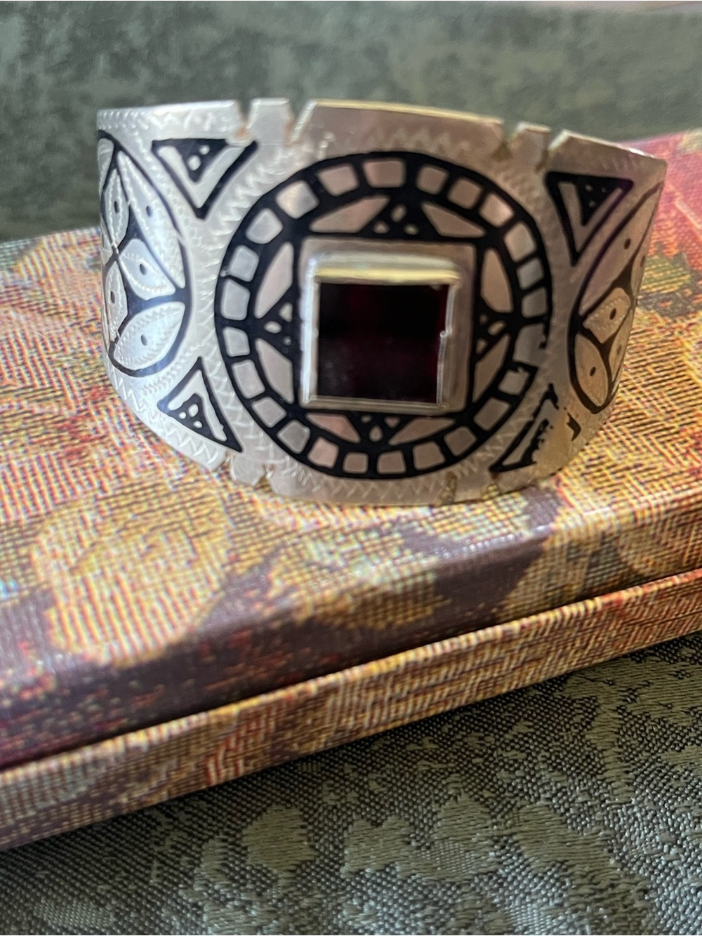 Southwestern Sterling-Style Silver Cuff Bracelet with Dark Red Square Stone
